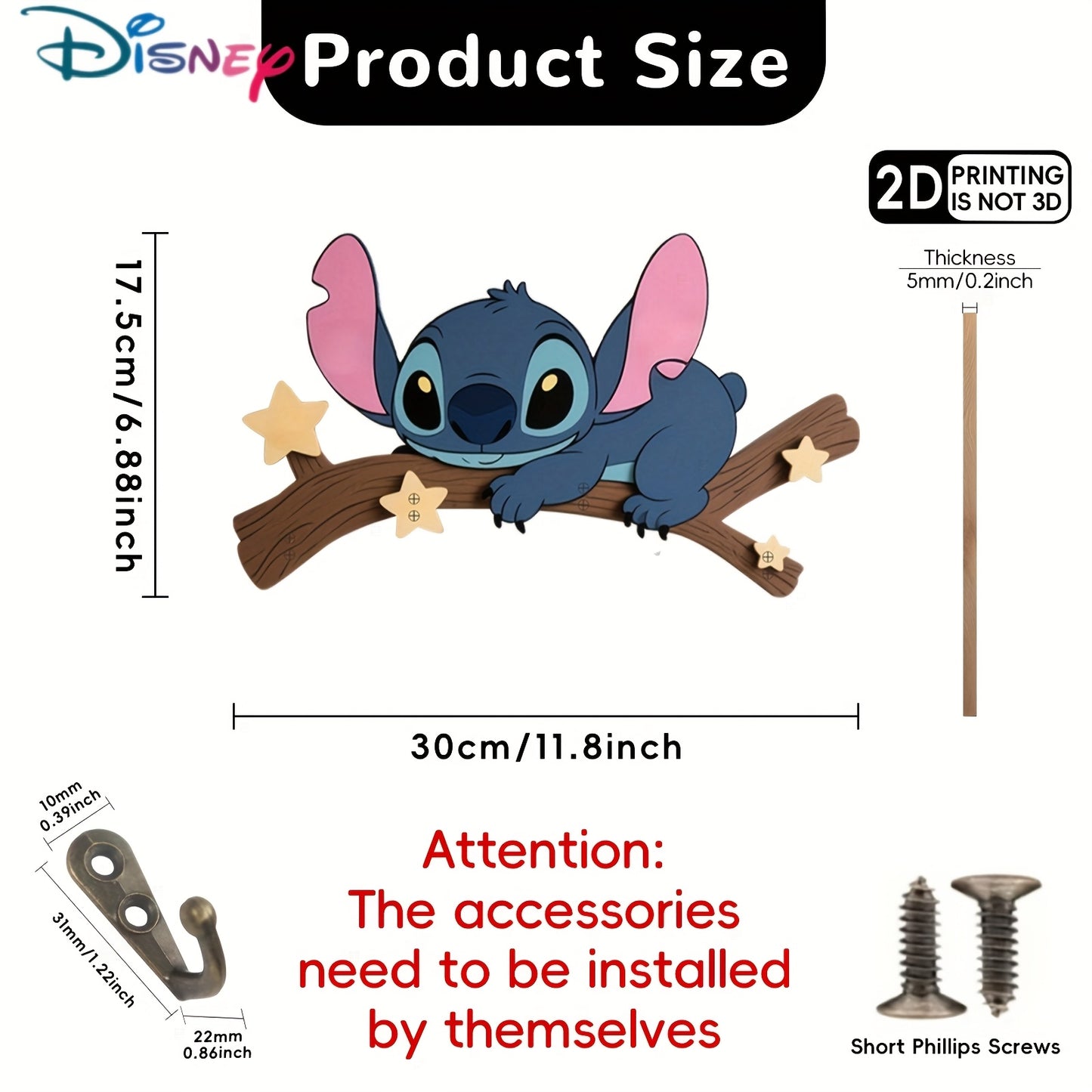 Porte-clés mural 2D Stitch en bois – Édition étoilée