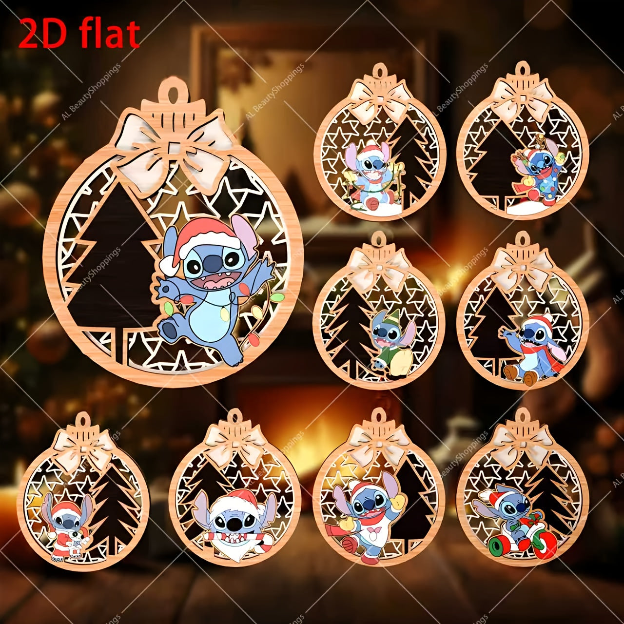 Lot de 9 Décorations de Noël Stitch en Bois – Ornements Disney pour Sapin