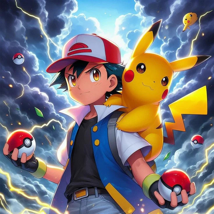 Toile de broderie diamant Pokémon représentant Sacha et Pikachu avec strass ronds