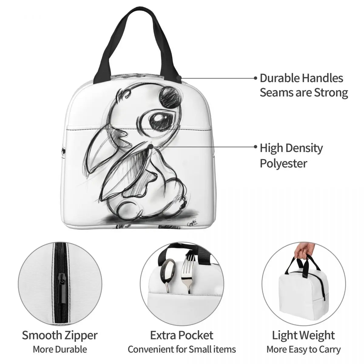 Sac Isotherme Stitch noir et blanc – Lunch Bag Léger et Résistant pour Pique-Nique et Déjeuners (22x20x13 cm)