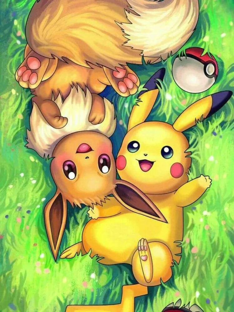 Diamond Painting Pokémon Evoli et Pikachu – Diamants Ronds à Réaliser Soi-Même