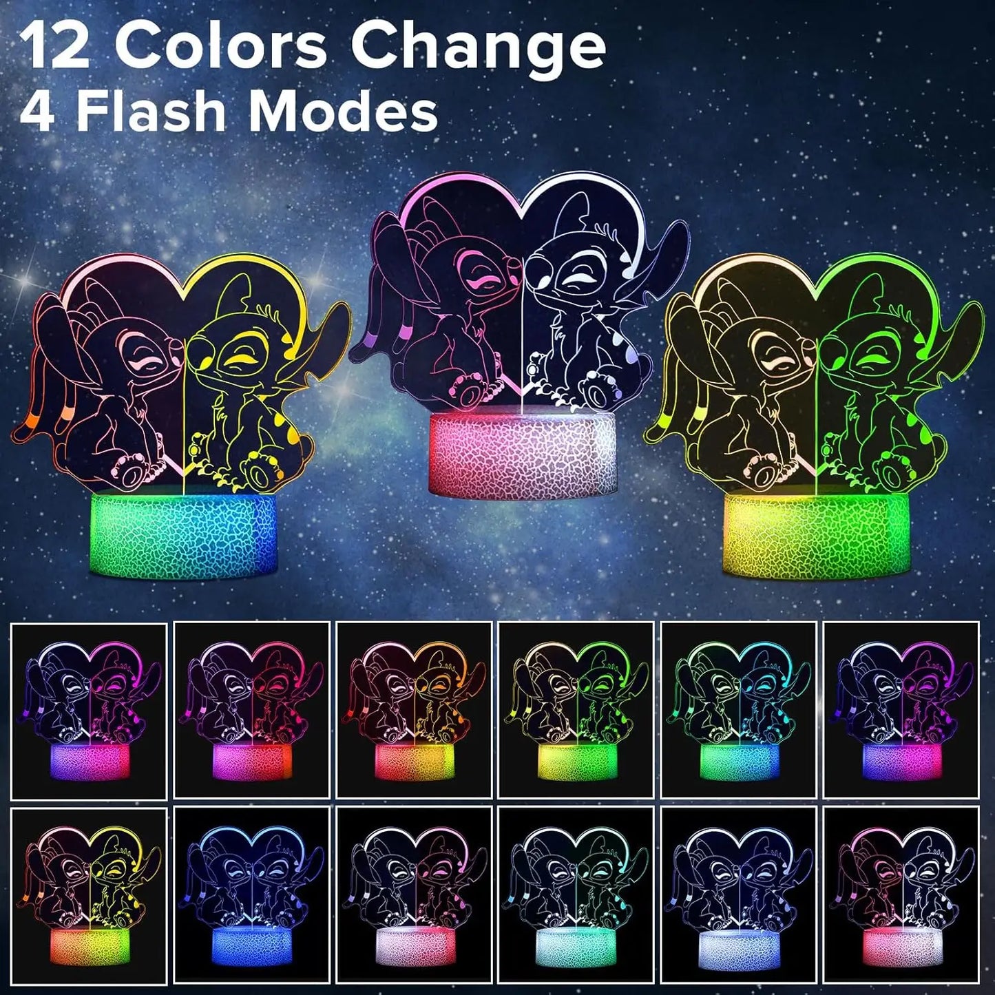 Veilleuse LED 3D Stitch & Angel – Double Couleur, Illusion Optique & Télécommande