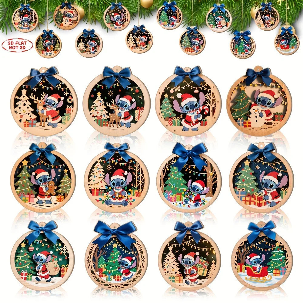 Lot de 12 Décorations en Bois Stitch – Suspensions Festives pour Sapin