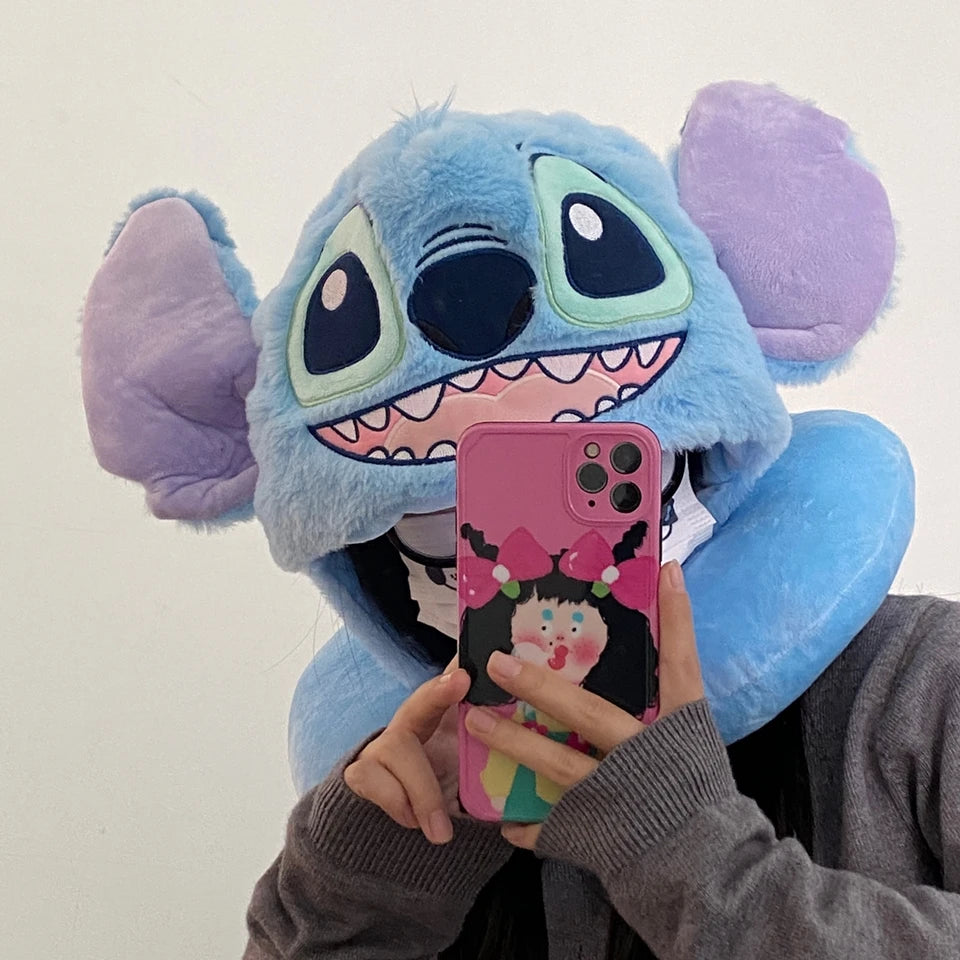 Oreiller de Voyage Stitch - Coussin de Cou en Peluche avec Capuche