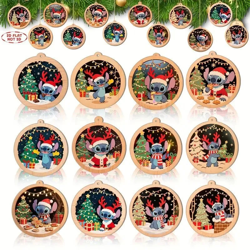 Lot de 12 Décorations en Bois Stitch – Suspensions Festives pour Sapin