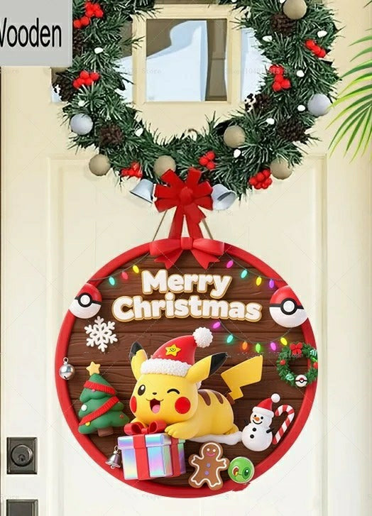 Panneau de Bienvenue Noël Pokémon Pikachu – Décoration murale en bois