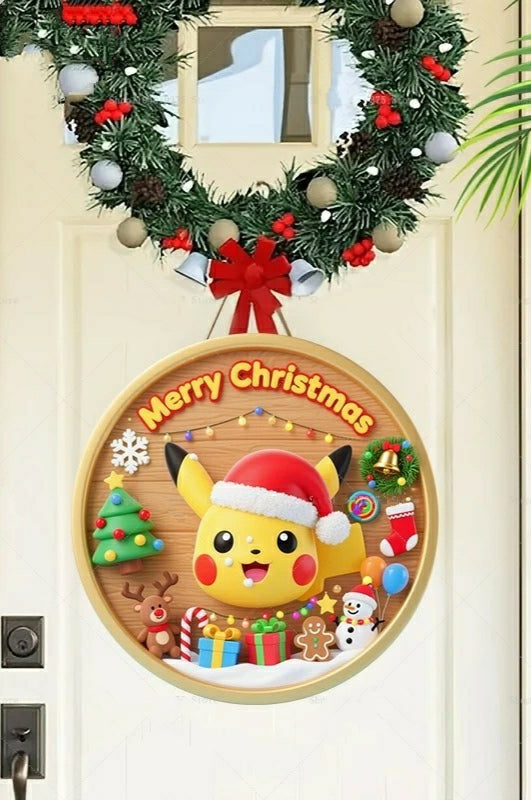 Panneau de Bienvenue Noël Pokémon Pikachu – Décoration murale en bois