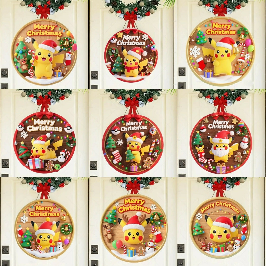 Panneau de Bienvenue Noël Pokémon Pikachu – Décoration murale en bois