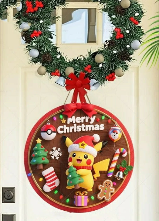 Panneau de Bienvenue Noël Pokémon Pikachu – Décoration murale en bois