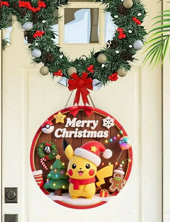 Panneau de Bienvenue Noël Pokémon Pikachu – Décoration murale en bois