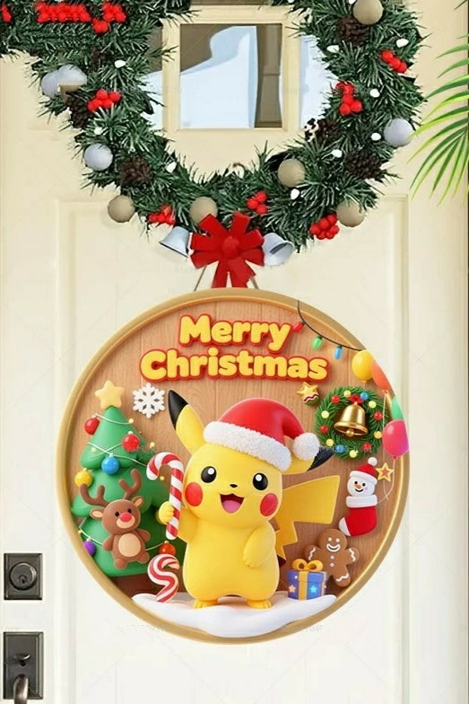Panneau de Bienvenue Noël Pokémon Pikachu – Décoration murale en bois