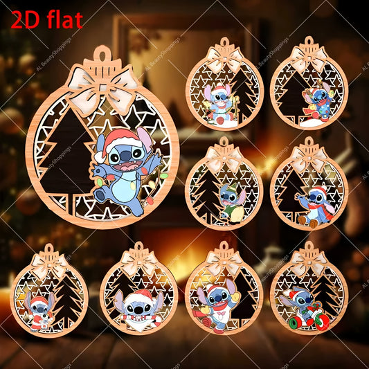 Lot de 9 Décorations de Noël Stitch en Bois – Ornements Disney pour Sapin