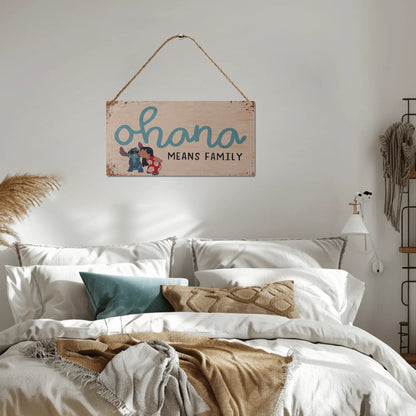 Plaque Murale en Bois "Ohana Means Family" – Stitch & Lilo