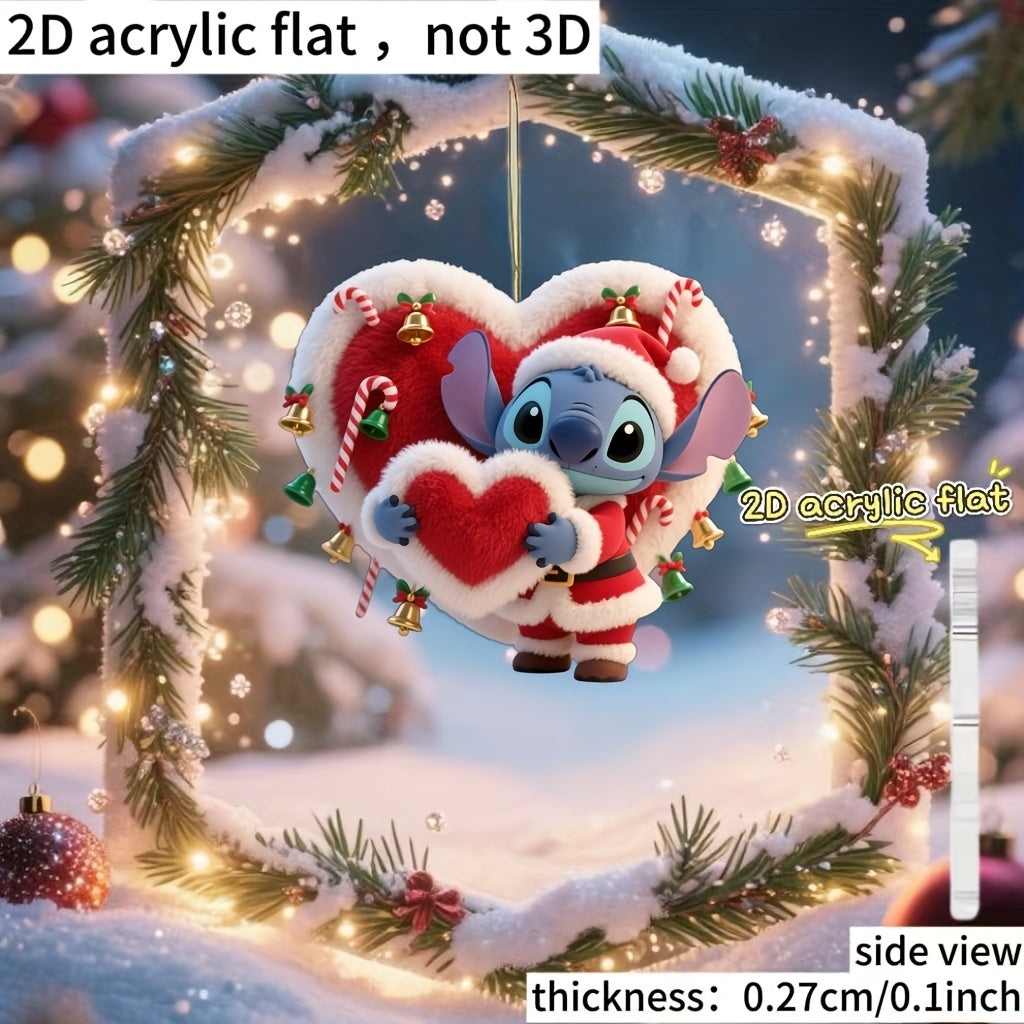 Ornement Acrylique Stitch Noël — Décoration Cœur & Bonnet de Père Noël