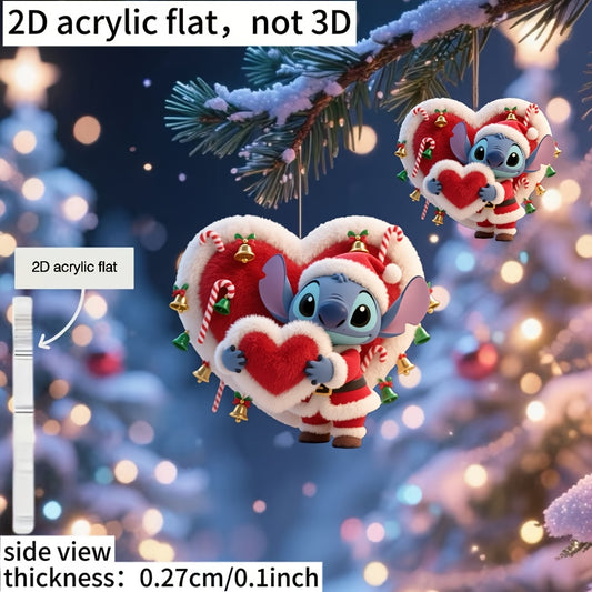 Ornement Acrylique Stitch Noël — Décoration Cœur & Bonnet de Père Noël