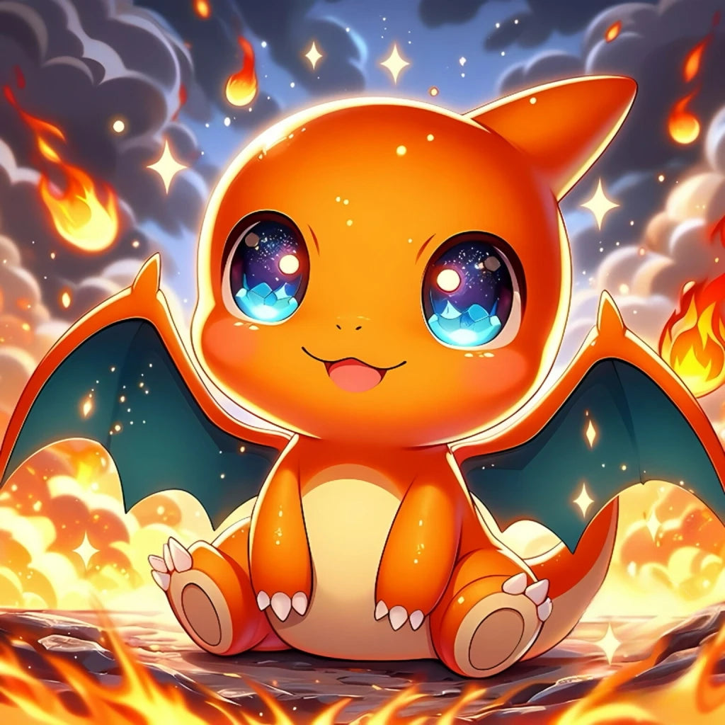 Kit broderie diamant Pokémon Bébé Dracaufeu avec strass ronds et toile adhésive