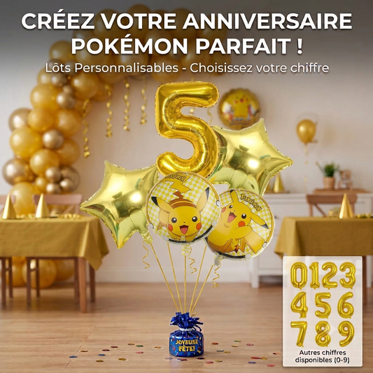 Bouquet de ballons anniversaire Pokémon avec grand chiffre doré métallisé et ballons ronds Pikachu