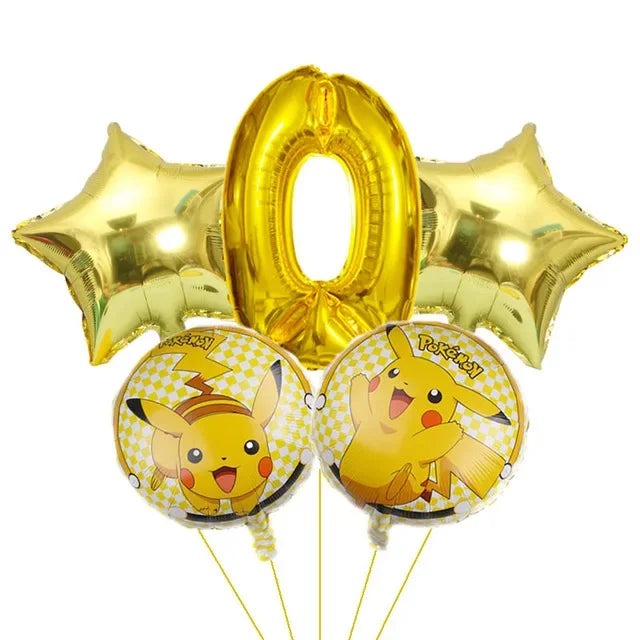 Bouquet de ballons anniversaire Pokémon avec grand chiffre doré métallisé et ballons ronds Pikachu
