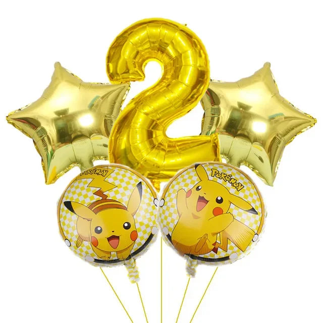 Bouquet de ballons anniversaire Pokémon avec grand chiffre doré métallisé et ballons ronds Pikachu