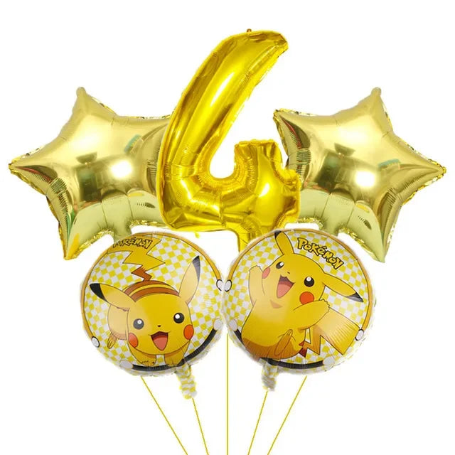 Bouquet de ballons anniversaire Pokémon avec grand chiffre doré métallisé et ballons ronds Pikachu