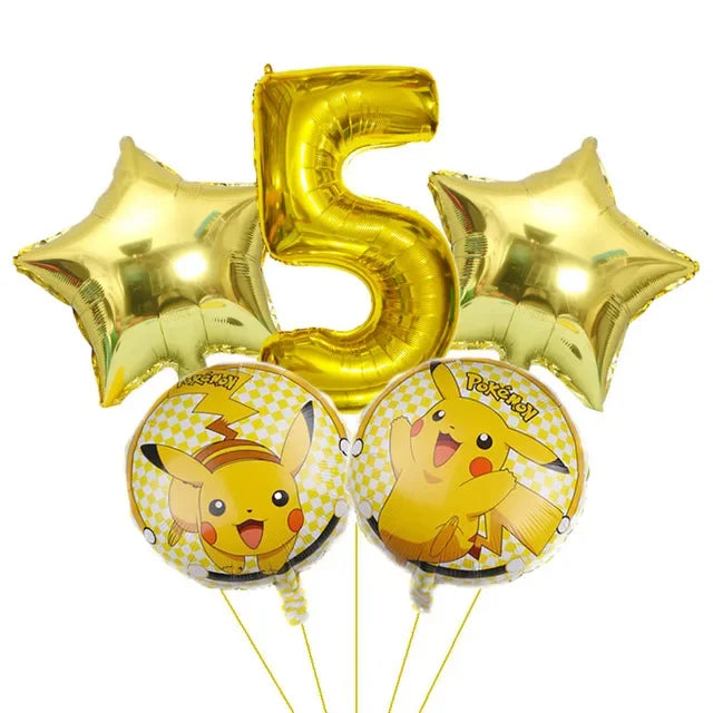Bouquet de ballons anniversaire Pokémon avec grand chiffre doré métallisé et ballons ronds Pikachu