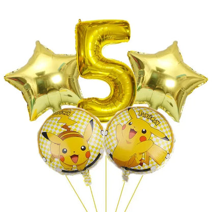 Bouquet de ballons anniversaire Pokémon avec grand chiffre doré métallisé et ballons ronds Pikachu