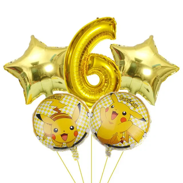 Bouquet de ballons anniversaire Pokémon avec grand chiffre doré métallisé et ballons ronds Pikachu