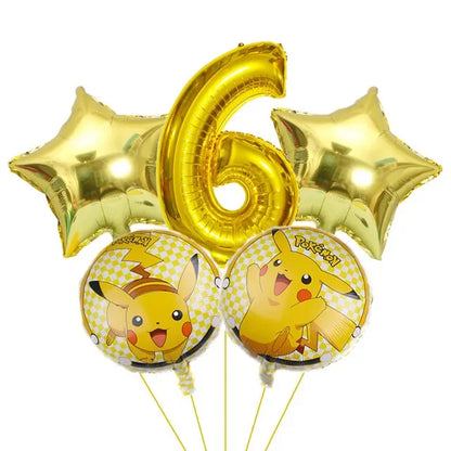 Bouquet de ballons anniversaire Pokémon avec grand chiffre doré métallisé et ballons ronds Pikachu