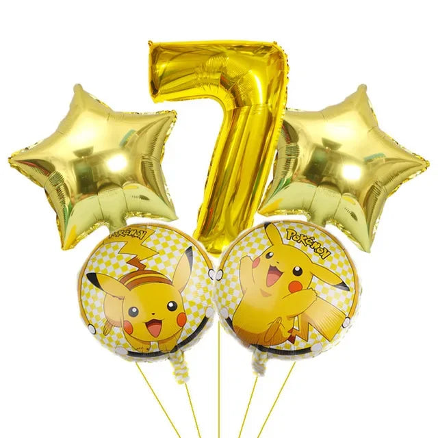 Bouquet de ballons anniversaire Pokémon avec grand chiffre doré métallisé et ballons ronds Pikachu
