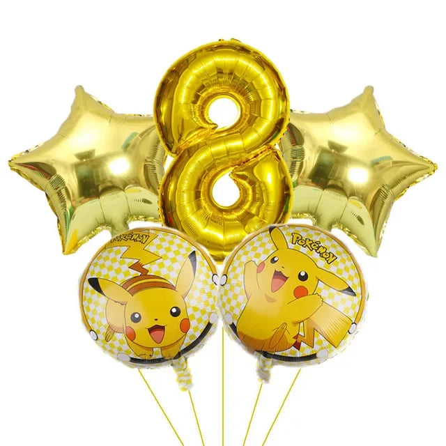 Bouquet de ballons anniversaire Pokémon avec grand chiffre doré métallisé et ballons ronds Pikachu