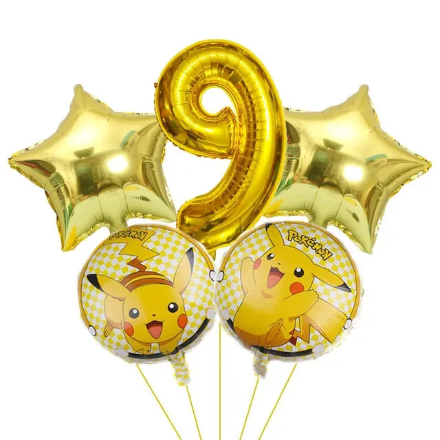 Bouquet de ballons anniversaire Pokémon avec grand chiffre doré métallisé et ballons ronds Pikachu
