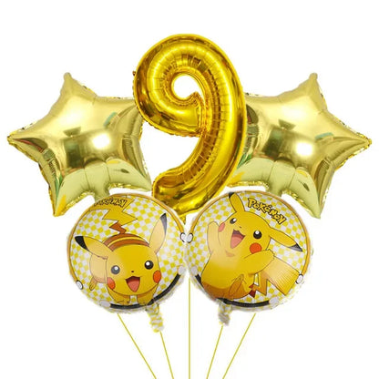 Bouquet de ballons anniversaire Pokémon avec grand chiffre doré métallisé et ballons ronds Pikachu