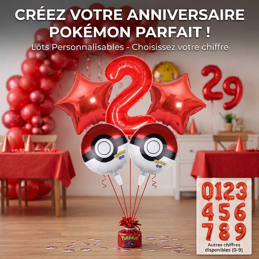 Fêtez un anniversaire inoubliable avec ce bouquet de ballons chiffre rouges Pokémon (0 à 9) et Pokéball. Compatible hélium ou air pour une déco de fête au top !