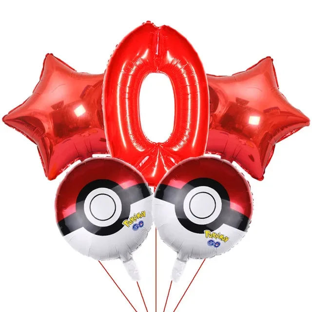 Bouquet de ballons anniversaire Pokémon avec grand chiffre rouge métallisé et ballons ronds Pokéball