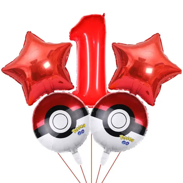Bouquet de ballons anniversaire Pokémon avec grand chiffre rouge métallisé et ballons ronds Pokéball