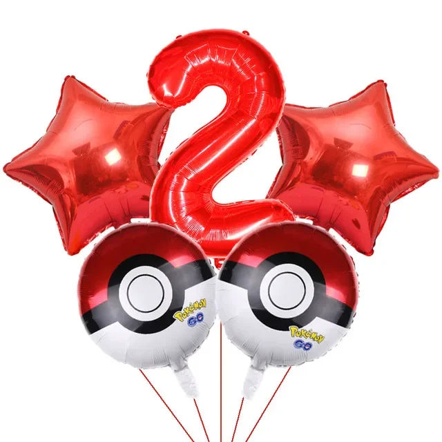 Bouquet de ballons anniversaire Pokémon avec grand chiffre rouge métallisé et ballons ronds Pokéball