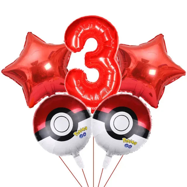 Bouquet de ballons anniversaire Pokémon avec grand chiffre rouge métallisé et ballons ronds Pokéball