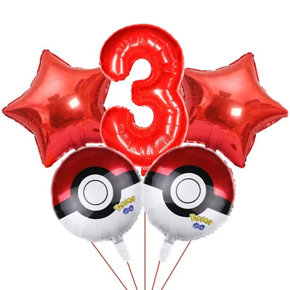 Bouquet de ballons anniversaire Pokémon avec grand chiffre rouge métallisé et ballons ronds Pokéball
