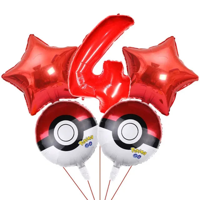 Bouquet de ballons anniversaire Pokémon avec grand chiffre rouge métallisé et ballons ronds Pokéball