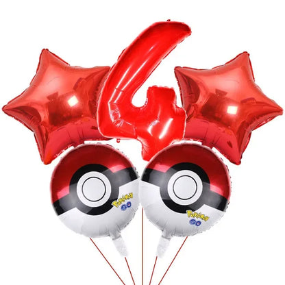 Bouquet de ballons anniversaire Pokémon avec grand chiffre rouge métallisé et ballons ronds Pokéball
