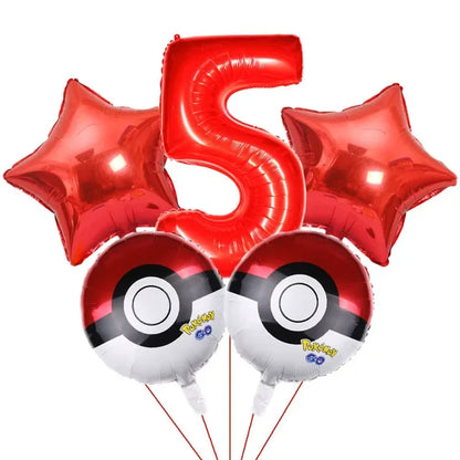 Bouquet de ballons anniversaire Pokémon avec grand chiffre rouge métallisé et ballons ronds Pokéball