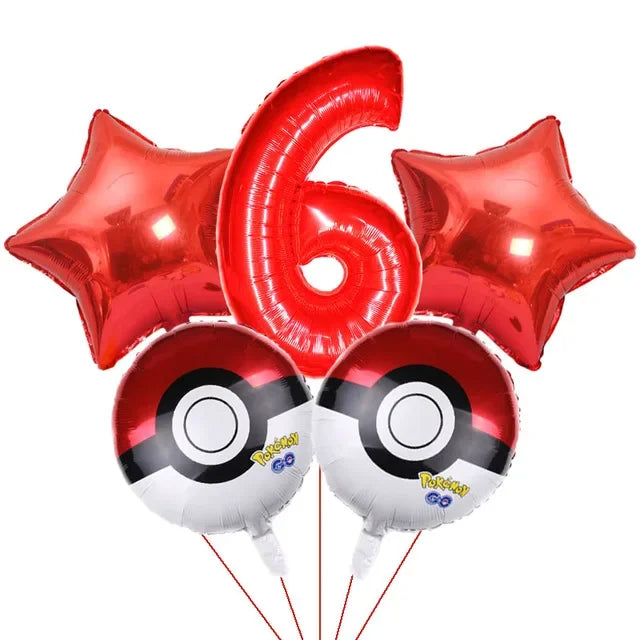 Bouquet de ballons anniversaire Pokémon avec grand chiffre rouge métallisé et ballons ronds Pokéball