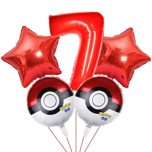 Bouquet de ballons anniversaire Pokémon avec grand chiffre rouge métallisé et ballons ronds Pokéball