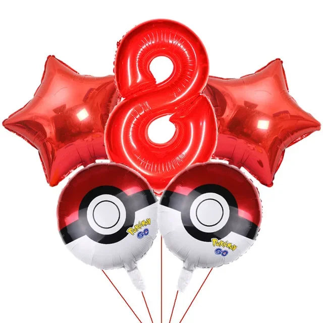 Bouquet de ballons anniversaire Pokémon avec grand chiffre rouge métallisé et ballons ronds Pokéball