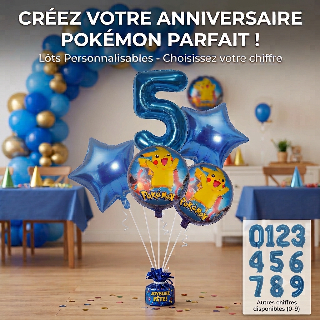 Bouquet de ballons anniversaire Pokémon avec grand chiffre bleu et ballons ronds Pikachu