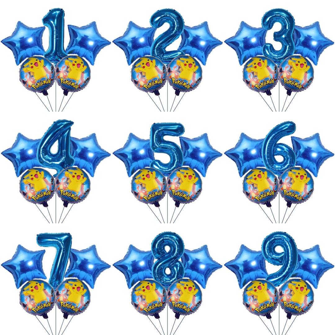 Bouquet de ballons anniversaire Pokémon avec grand chiffre bleu et ballons ronds Pikachu