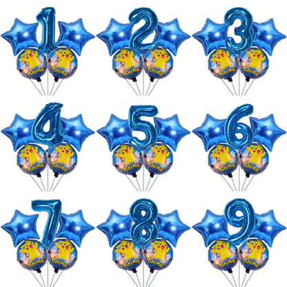 Bouquet de ballons anniversaire Pokémon avec grand chiffre bleu et ballons ronds Pikachu