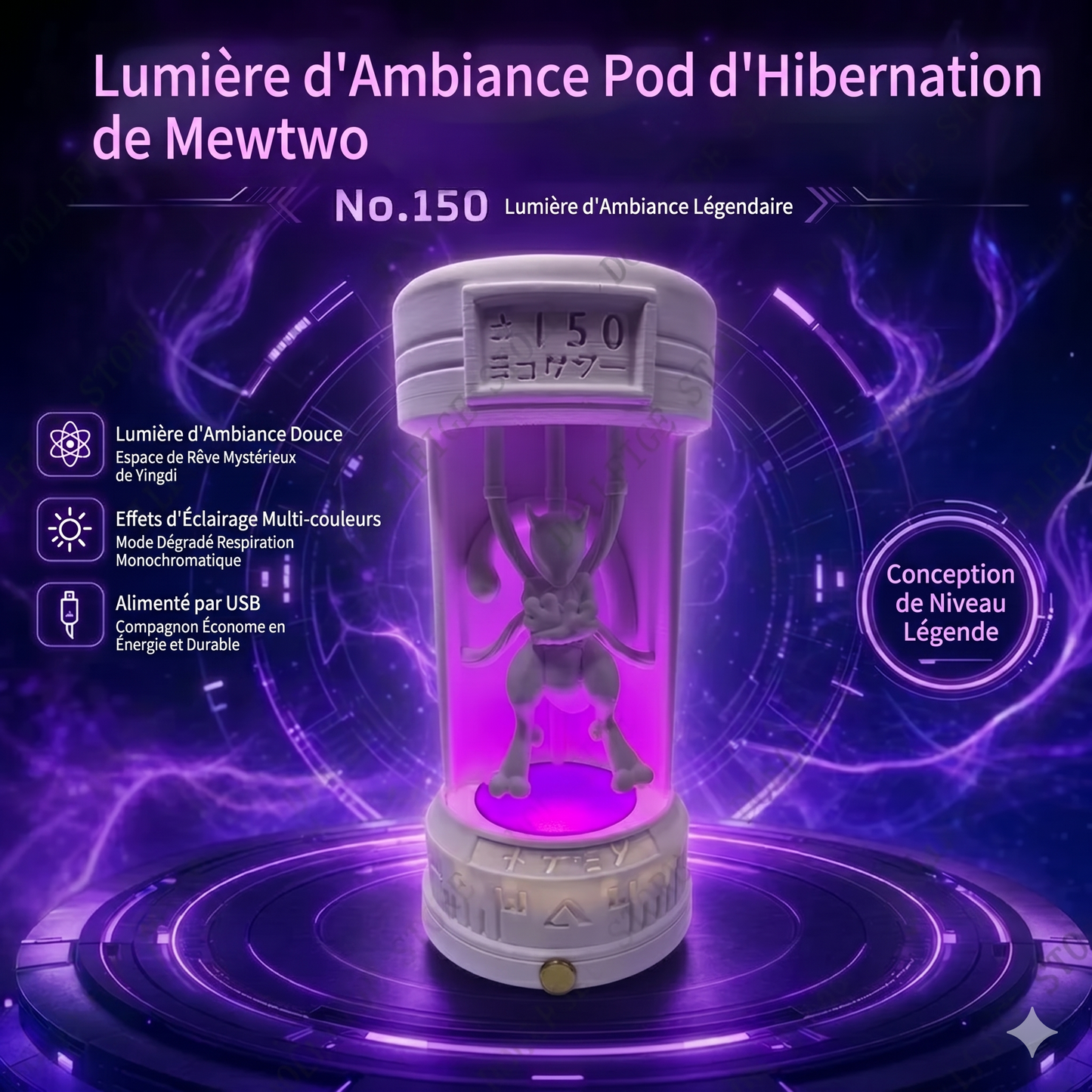 Lampe Veilleuse Pokémon Mewtwo – Capsule de Sommeil Violette – Éclairage LED Ambient