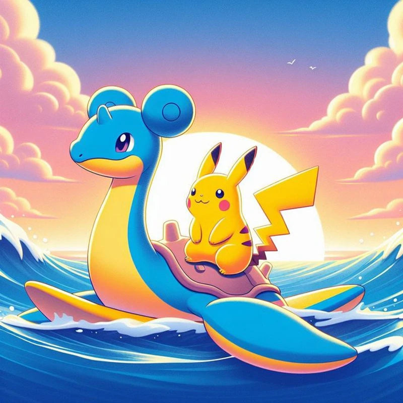 Tableau Diamant Pokémon Lokhlass et Pikachu – Kit Diamond Painting Complet