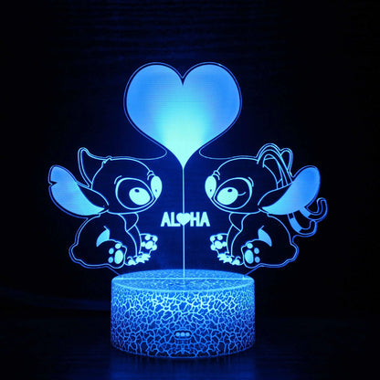 Stitch and Angel Aloha 3D LED Night Light - 16 Colors with Remote Control